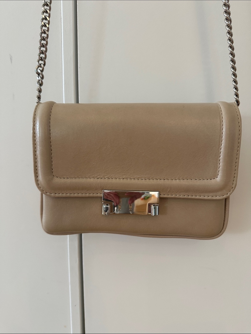 Minelli Taupe Leather Crossbody with Silver Chain